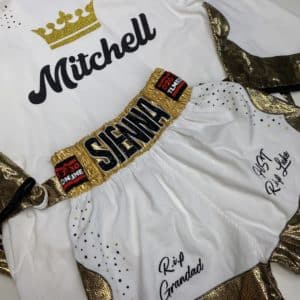 Mitchell Smith Luxury Velvet Crystal Gold Wetlook Custom Boxing Short and Custom Boxing Robe Front View Close Up