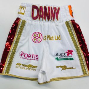 Nico Leivars White Velvet with Sequin Panel Custom Boxing Shorts Front View