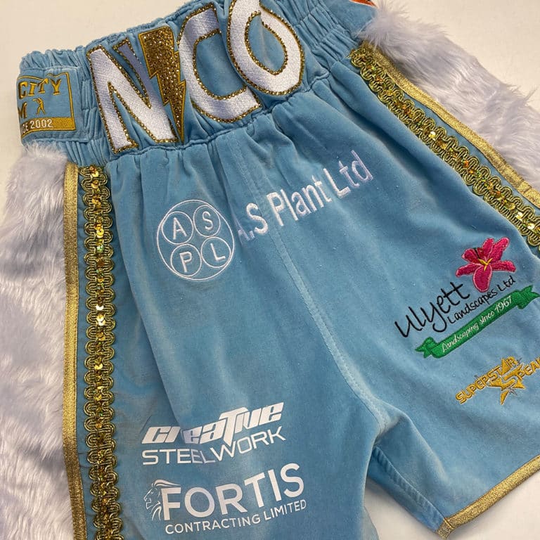 Nico Leivars Pale Blue Velvet Faux Fur Gold Trim Custom Boxing Short Front View
