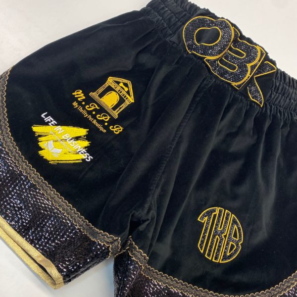 Owen Kirk Black Velvet with Sequin Trim Custom Boxing Shorts Front Close Up View