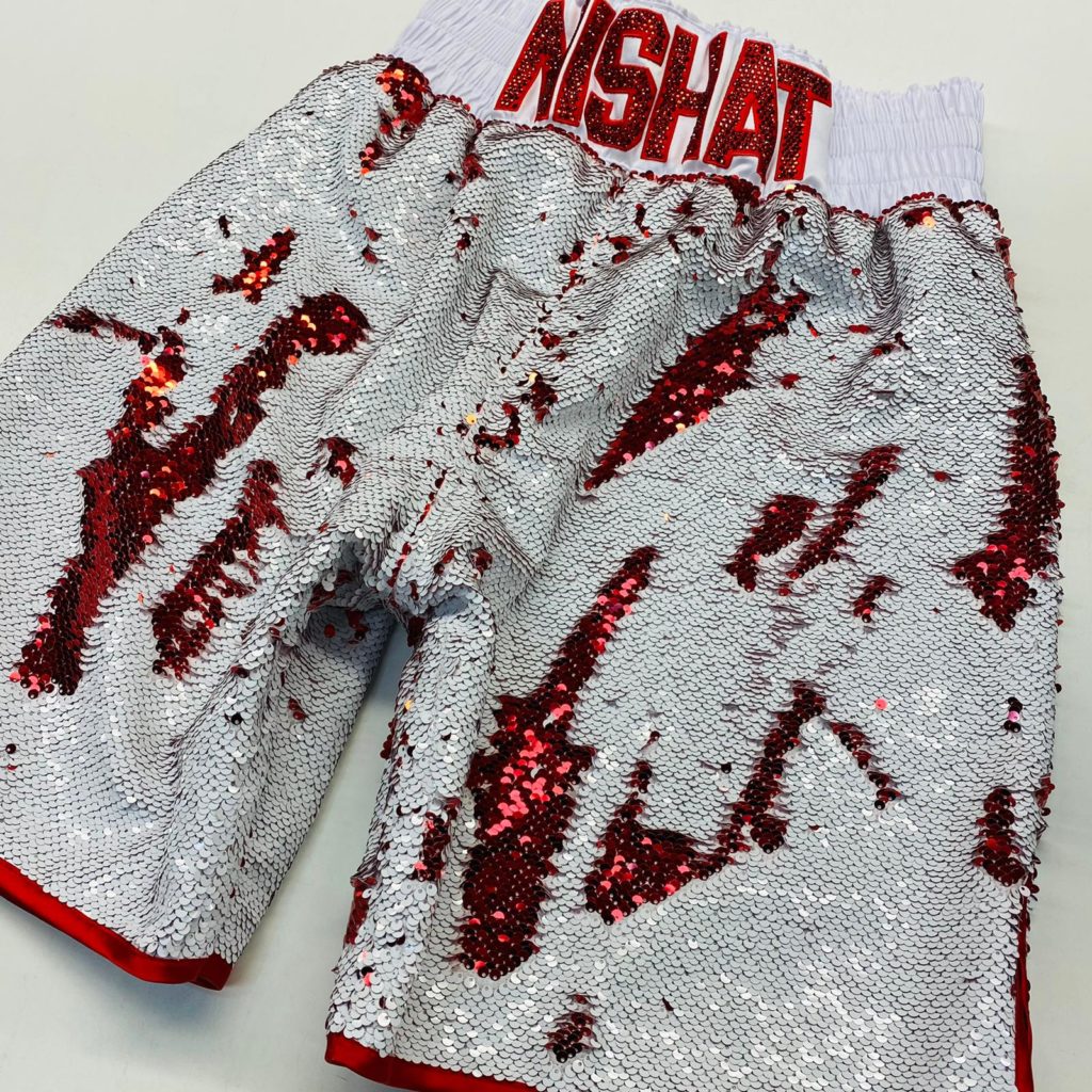 Redwan Nishat Red and White Mermaid Sequin Custom Boxing Shorts Front View