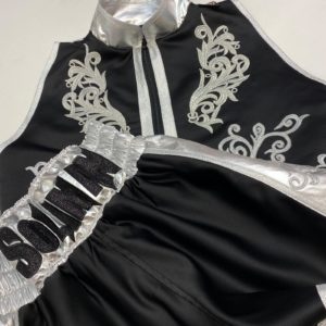 Mai Soliman Black Satin with Embroidery Embellishments Custom Boxing Short and Custom Corner Jacket Shorts Front Kit View