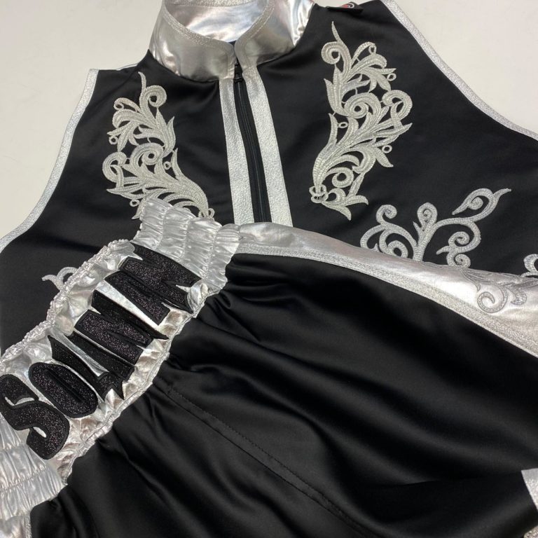Mai Soliman Black Satin with Embroidery Embellishments Custom Boxing Short and Custom Corner Jacket Shorts Front Kit View