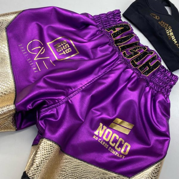 Sophie Alisch Wet look with Gold Snakeskin Custom Boxing Shorts and Custom Sports Bra Front View