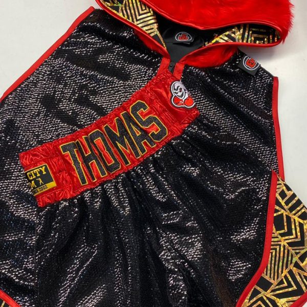 Thomas Essomba Black Sequin Custom Boxing Shorts and Custom Ring Jacket with Fur Hood