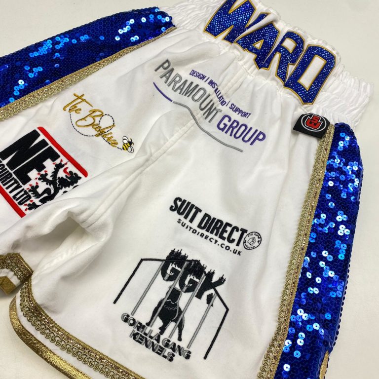 Thomas Patrick Ward White Velvet with Sequin Trim Custom Boxing Shorts Back View