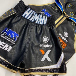 Tommy Hodgson Satin with Crystals and Sequins Custom Bespoke boxing shorts and bespoke boxing ring jacket front view