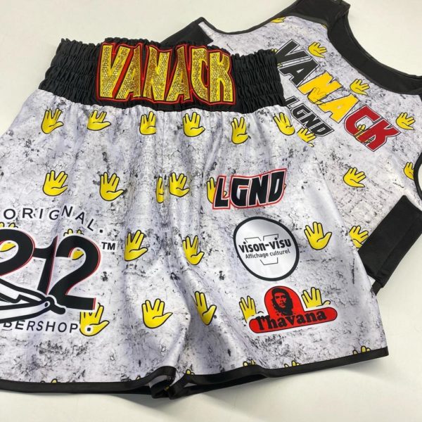 Antoine Vanackere Satin Printed Pattern Custom Boxing Shorts and Custom Boxing Ring Vest Kit