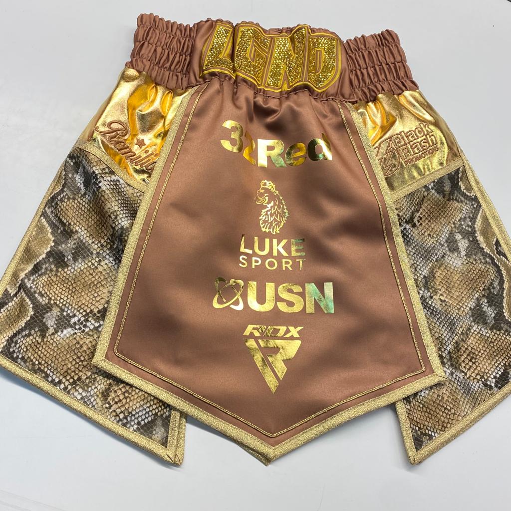 Zelfa Barratt Satin Snakeskin and Gold Custom Boxing Gladiator Shorts Front View
