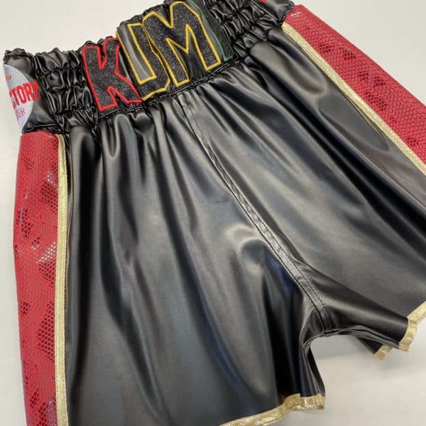 Alberto Kumi Black Leatherette Red Snakeskin Bespoke Boxing Shorts Front View