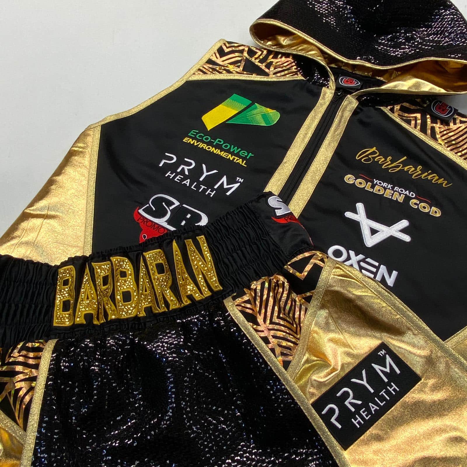 Barbarian Black Satin Gold Wetlook Geometric Sequin Custom Gladiator Short and Ring Jacket Close Up