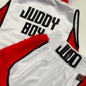 Fynnlie Judd White Satin Red Fur Black Trim Custom Boxing Shorts and Ring Jacket Back View