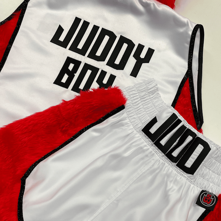 Fynnlie Judd White Satin Red Fur Black Trim Custom Boxing Shorts and Ring Jacket Back View