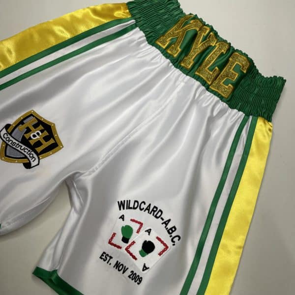 Kyle Rushton White Satin Irish Themed Crystal Shamrock Custom Boxing Shorts Front View