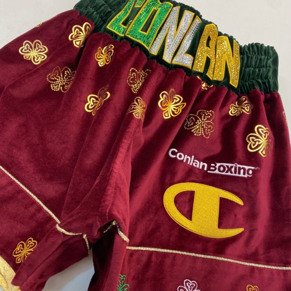 Michael Conlan Irish Maroon Velvet Crystal Bespoke Boxing Shorts Angled View