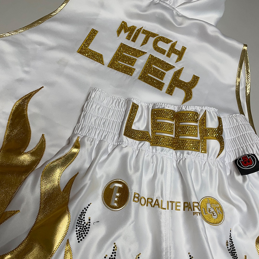 Mitchell Leek White Satin Gold Wetlook Flames Crystal Bespoke Boxing Shorts and Ring Jacket Back View