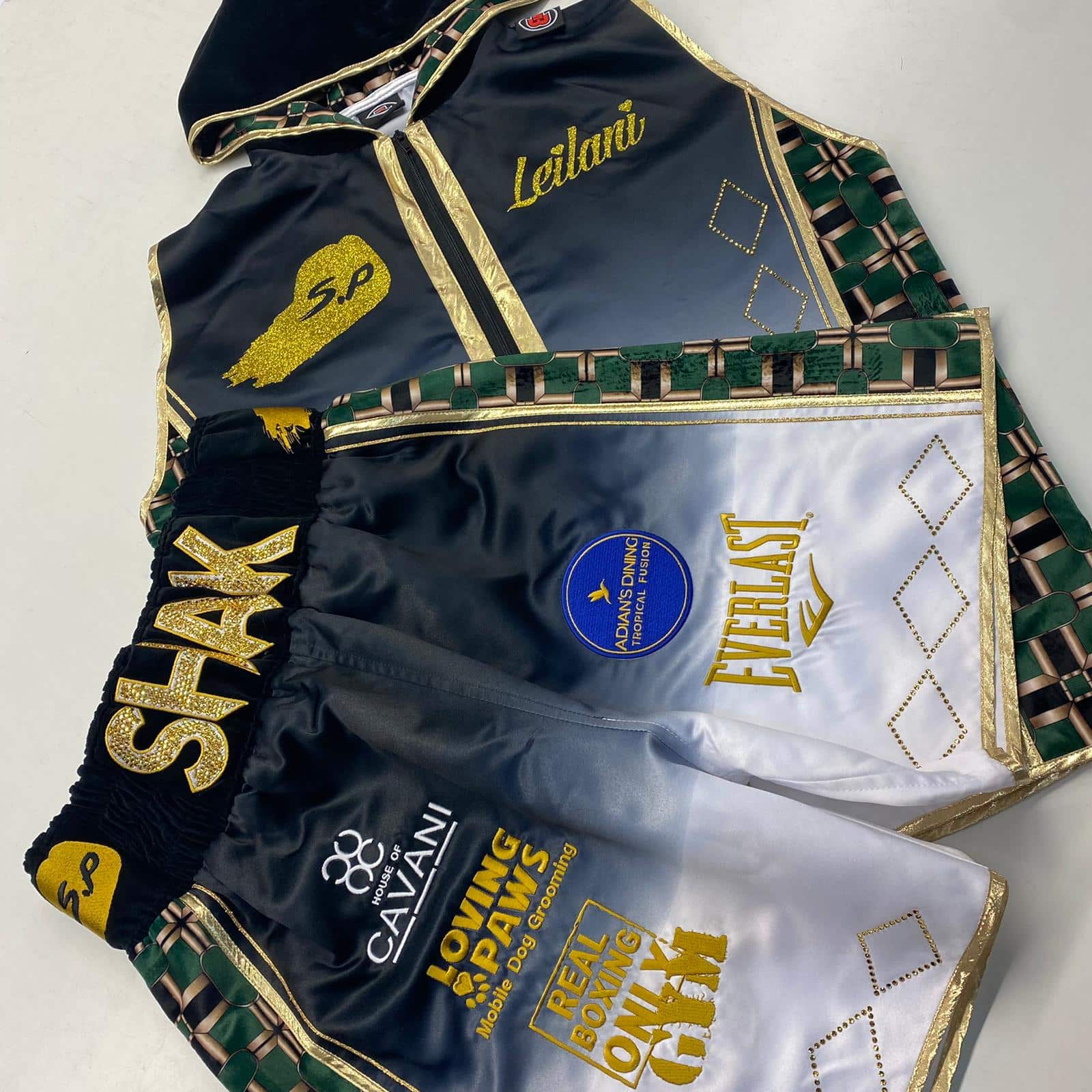 Shakan Pitters Gradient Satin Velvet Custom Pattern Crystal Bespoke Boxing Shorts and Ring Jacket Front View