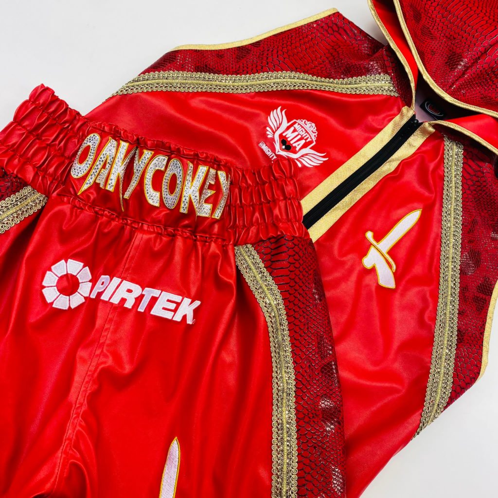 Spencer Oakman Red Leatherette Red Snakeskin Gold Custom Boxing Shorts and Ring Jacket Front View