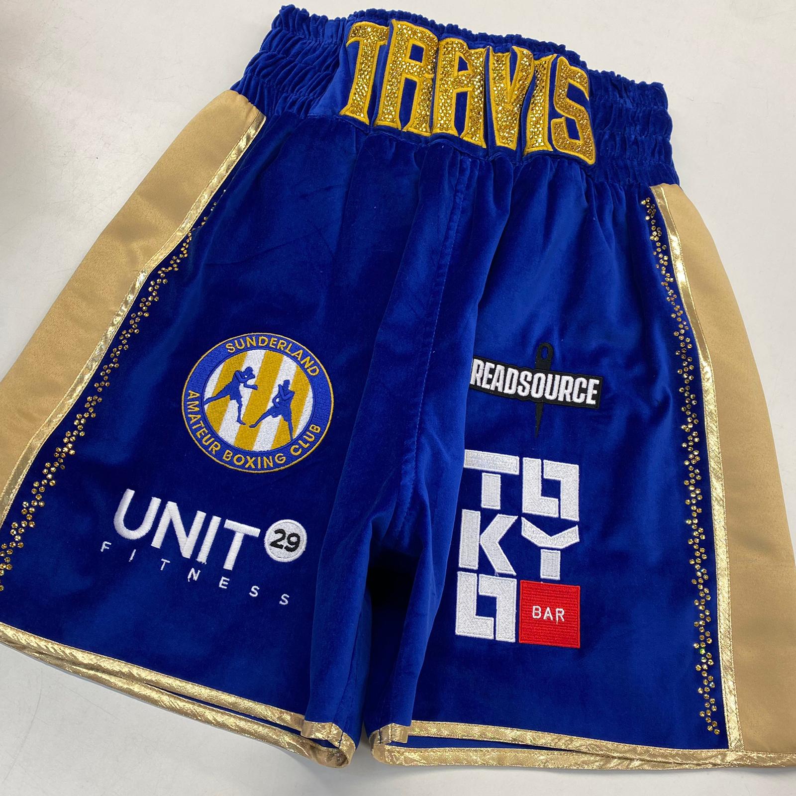 Travis Waters Royal Blue Velvet Gold Satin Crystal Custom Boxing Shorts Front View