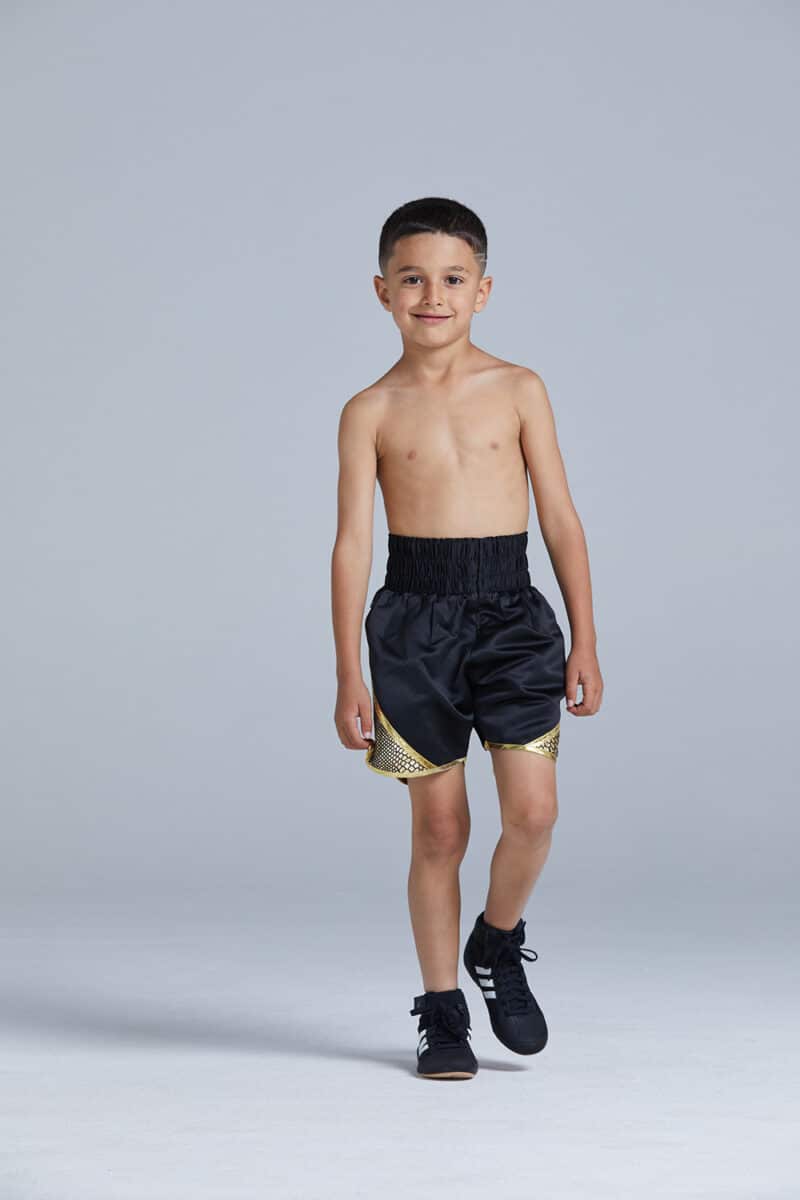 kids destruction boxing shorts black and gold