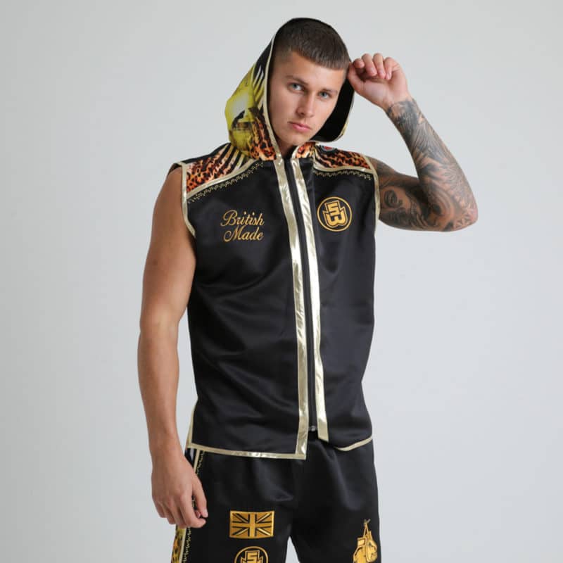 Jungle Metric Black and gold Boxing Ring Jacket with hood up