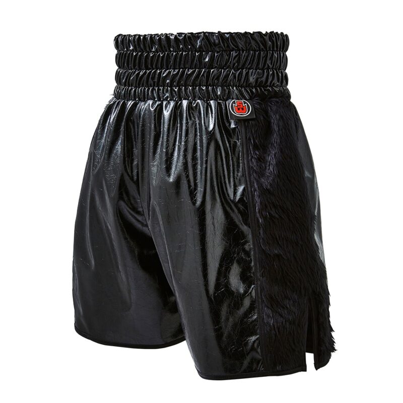 Distressed Black Leather Boxing Shorts With Fur