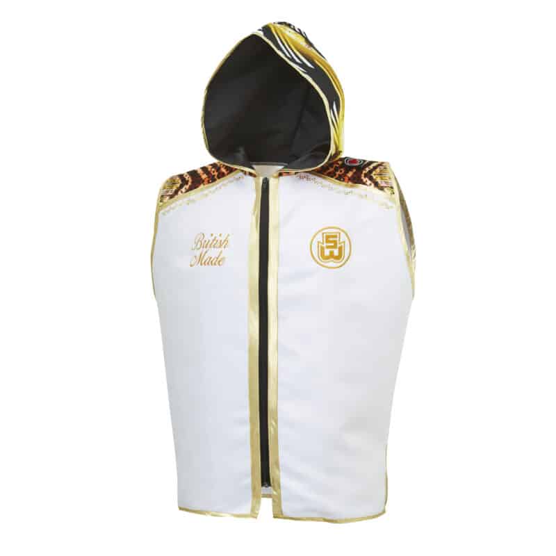 Jungle Metric White and gold Boxing Ring Jacket with hood up
