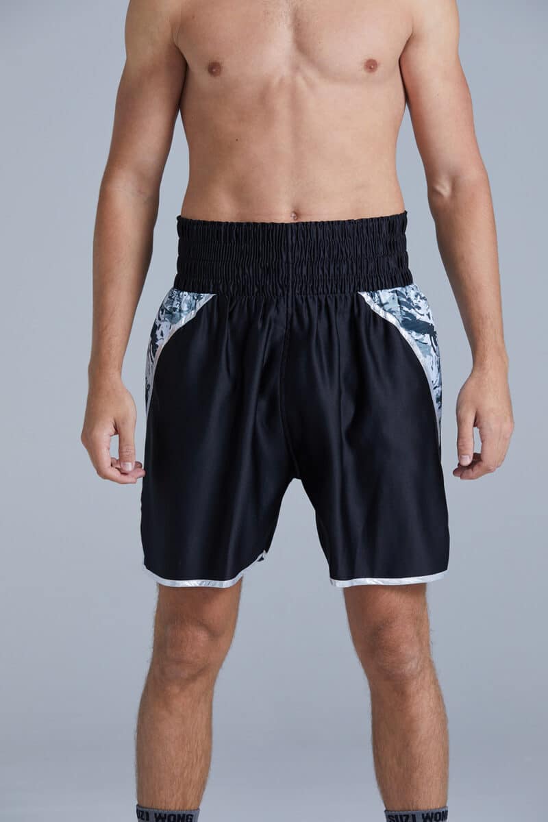 Black and Grey Camo Boxing Shorts front on Boxer