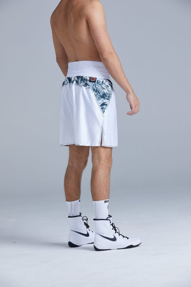 White and Grey Camo Boxing Shorts Side on fighter