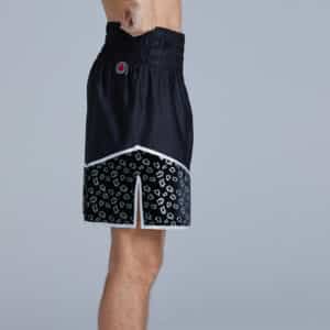 Side detail of a Boxer in the Crusade Black & Silver Boxing Shorts