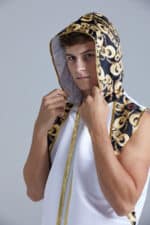 White and Gold Customisable Chains Hooded Boxing Ring Jacket