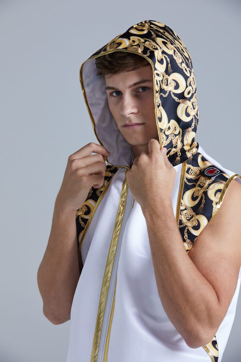 White and Gold Customisable Chains Hooded Boxing Ring Jacket