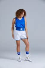 Women's White & Blue Contrast Amateur Customisable Boxing Shorts Front