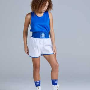 Women's White & Blue Contrast Amateur Customisable Boxing Shorts Front