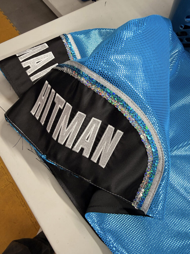 Close-up detail of Ricky Hatton tribute boxing hood and embroidery by Suzi Wong