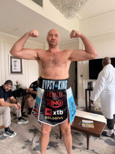 Tyson Fury wearing Ricky Hatton tribute boxing shorts designed by Suzi Wong