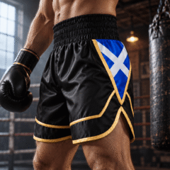 Saltire Boxing Shorts on a Scottish boxer in a ring