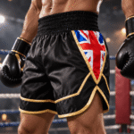 Union Jack Custom Boxing Shorts on a boxer in a ring