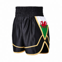 Welsh Flag Boxing Shorts, Black Satin With Gold Trim