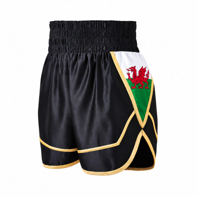 welsh-boxing-shorts Welsh Flag Boxing Shorts, Black Satin With Gold Trim